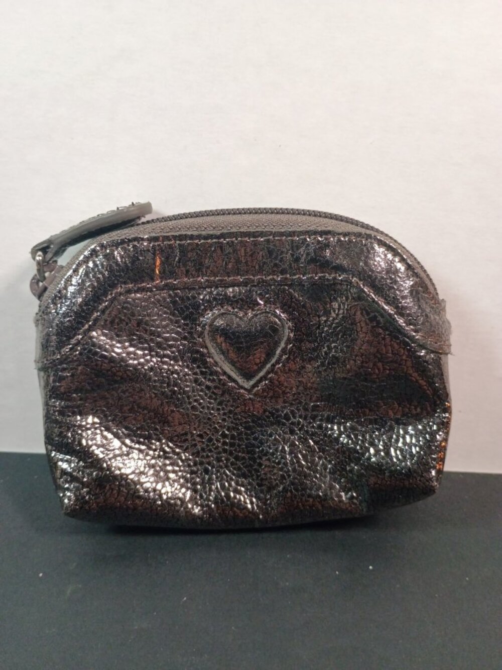 Brighton Small Coin Change Purse Pebbled Leather Metallic Heart Zippered